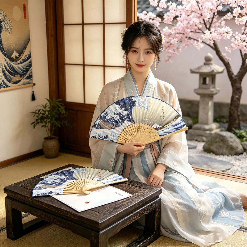 Fan Sensu Folding - 우키요에 웨이브 대나무 접이식 부채 휴대용