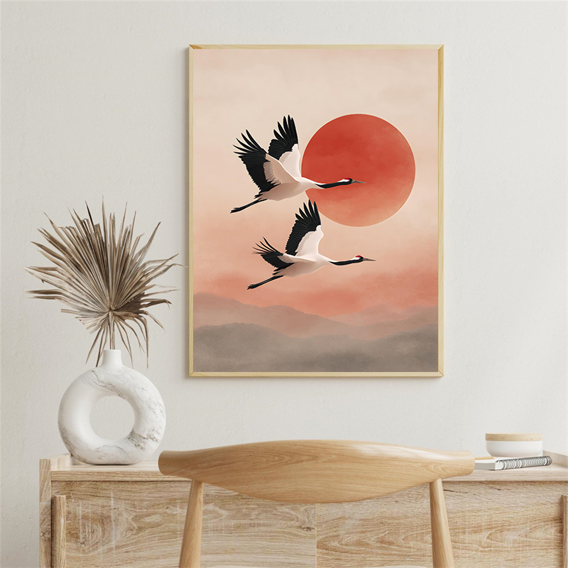 빈티지 크레인 비행하는 새 꽃 태양 아트 포스터 일본식 - Japanese Lifestyle Home 리뷰 및 가격