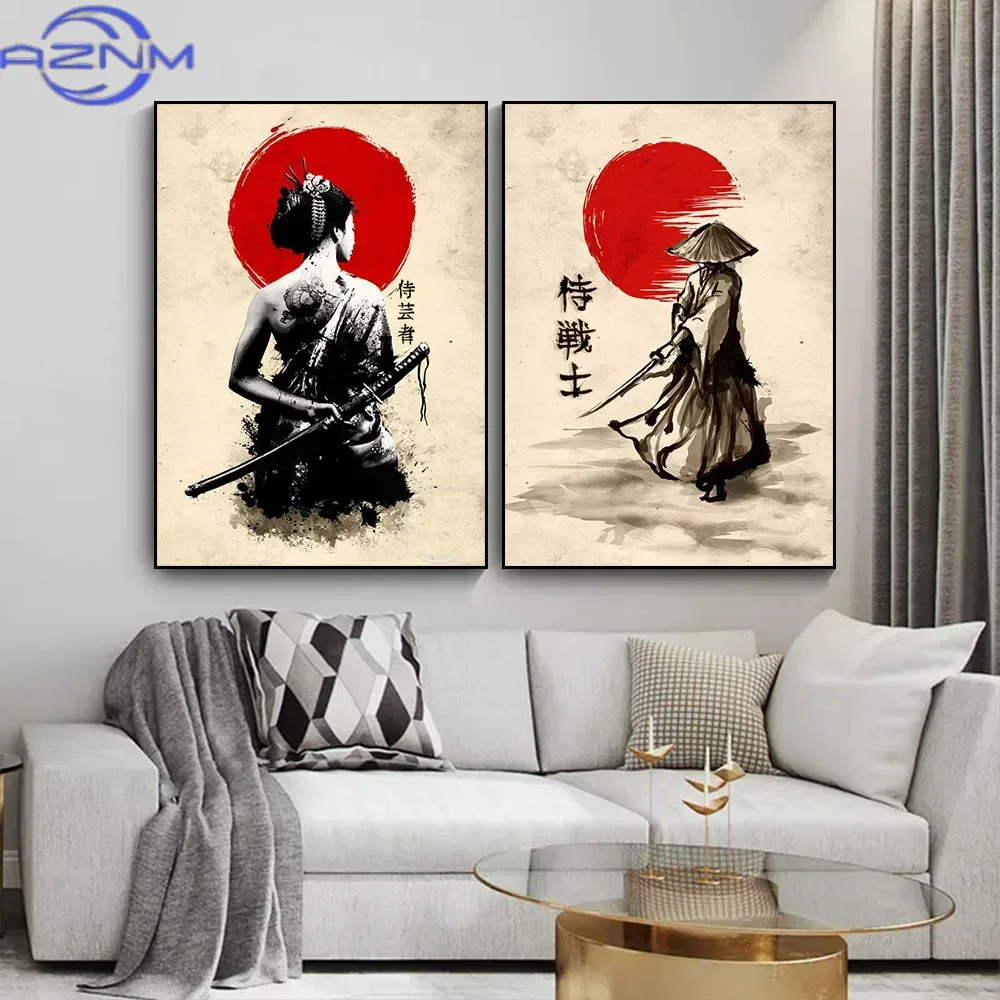 AZNM 캔버스 페인팅 일본 사무라이 벽 아트 포스터  - Japanese Lifestyle Home 리뷰 및 가격