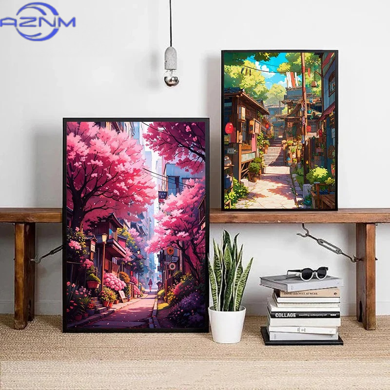 AZNM 일본 거리 풍경 벚꽃 건축 캔버스 포스터 꽃  - Japanese Lifestyle Home 리뷰 및 가격