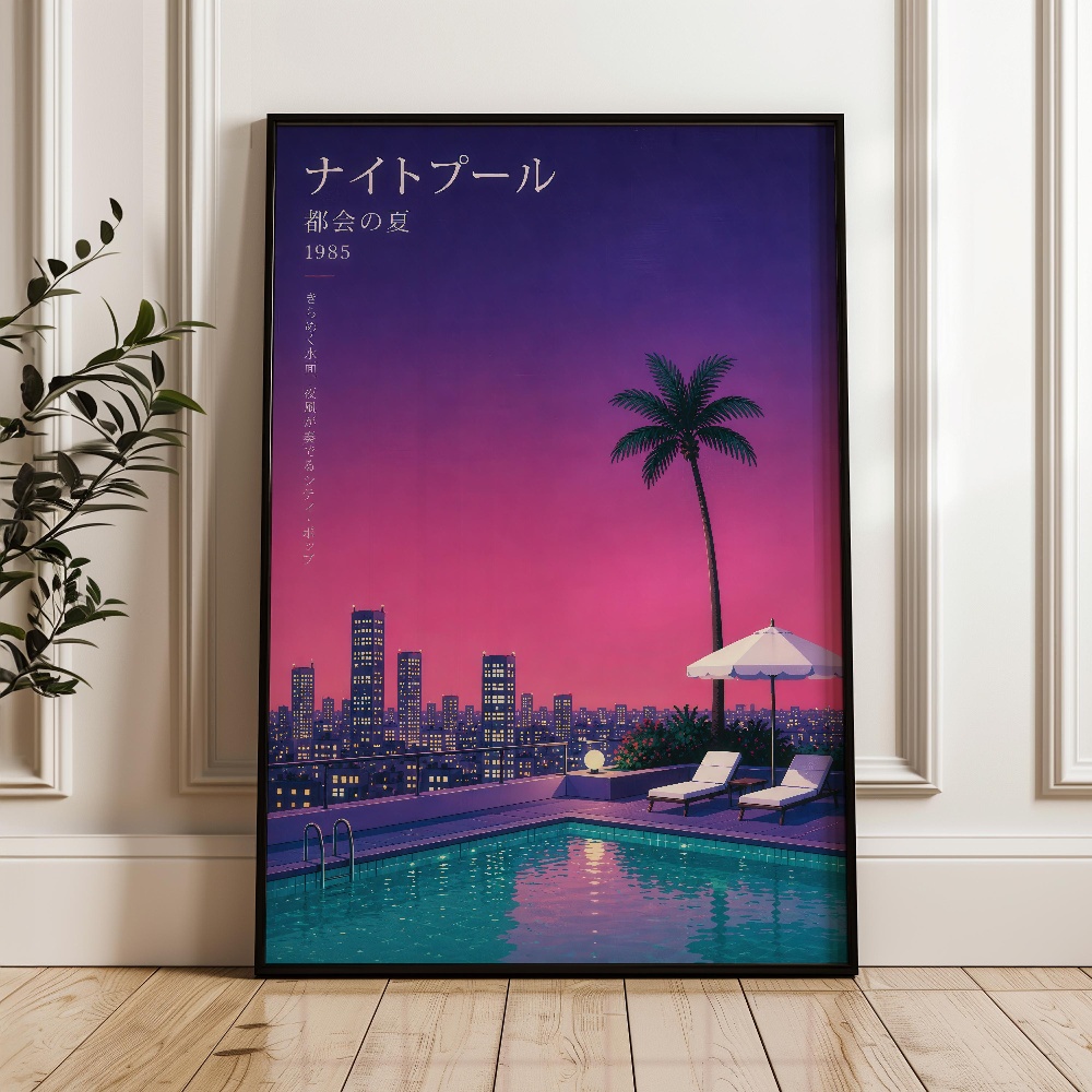 해변에서의 일본식 일몰 야경 레트로 증기파 웨이브 캔버 - Japanese Lifestyle Home 리뷰 및 가격