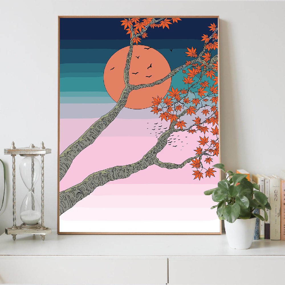 일본풍 산악 풍경과 달봉우리, 꽃이 있는 캔버스 그림  - Japanese Lifestyle Home 리뷰 및 가격